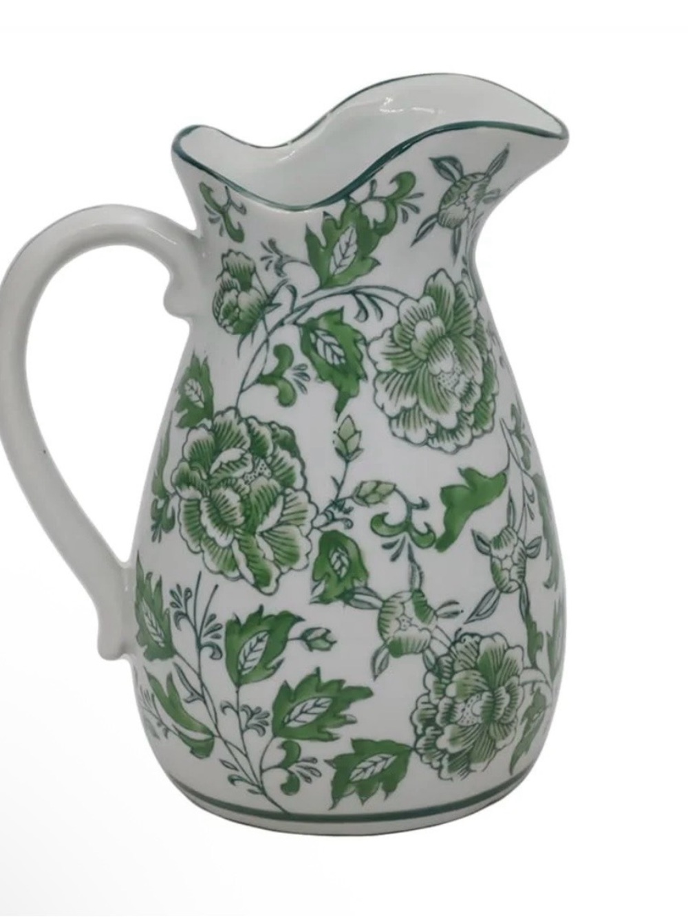 Hand-Painted Green Floral Ceramic Pitcher - Home Art